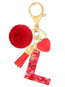 Cute Initial Red Heart Gold Foil Stone Tassel Pom Pom Keychain Resin Drip Glue Minimalist Personalized Key Chain For Women Bags Daily Wear And Gift - Red - View 26