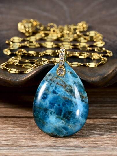 Fashion Natural Stone Pendant Necklace, Exquisite Blue-Grey Water Drop Shaped Pendant, Gold Stainless Steel Chain Necklace, Couple