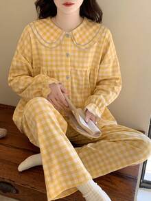 2pcs/Set Women's Pajamas Loungewear Set, Peter Pan Collar Plaid Print Korean Style Long Sleeve Long Pants, Comfortable For Home Wear - Yellow - View 1