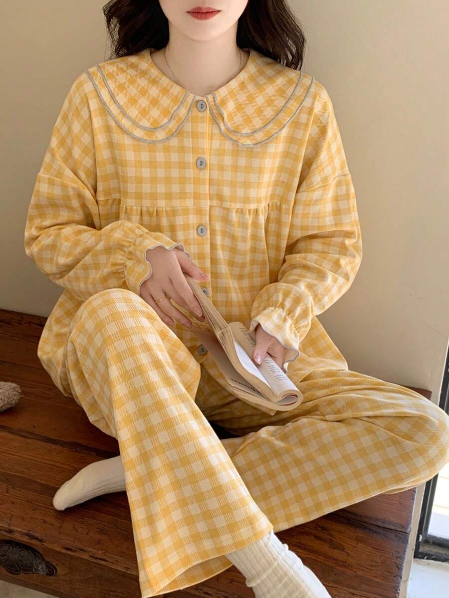2pcs/Set Women's Pajamas Loungewear Set, Peter Pan Collar Plaid Print Korean Style Long Sleeve Long Pants, Comfortable For Home Wear - Yellow - View 1