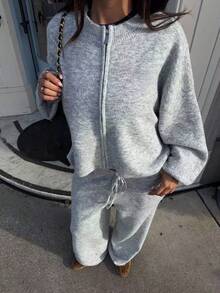 MORI Fall Winter Women Knitwear Y2K Minimalist Grey Fuzzy Zip Up Sweaters Cropped Jackets Drawstring Wide Leg Pants Lounge Sets Clothes - Light Grey - View 2