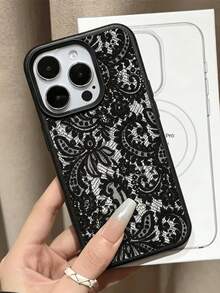 時尚個性化黑色蕾絲圖案荔枝紋手機殼，適用於 iPhone 18/18 Pro/18 Pro Max/17/17 Pro/17 Pro Max/16/16 Pro/16 Pro Max/15/15 Pro/15 Pro Max/14/13/12/11 - 黑色 - 查看 4