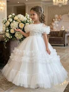 Tween Girl) White Off-Shoulder Flower Girl Dress, Ruffle Mesh Lace Bodice Multi-Layer Cake Long Skirt Children Princess Performance Dress - White - View 3