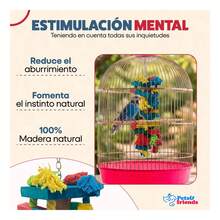 Juguete de Madera para Aves Grandes, Accesorio para Pericos, Loros y Guacamayos, Juguete para Jaula con Espacio para Trepar, Morder, Balancearse y Jugar, Ideal para Mantener a las Aves Activas y Entretenidas, Resistente, Natural,  y Fácil de Instalar - Multicolor - Ver 3