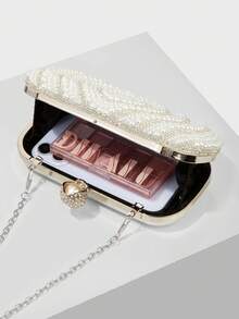Women's Elegant/Pearl Pattern Design Box Clutch Evening Bag, Romantic Wedding Handbag, Charming/Exquisite Evening Dress Bag, Shiny Apricot Box Clutch Handbag With Chain, Perfect Choice As Holiday Gift. Comes With Metal Chain. - White - View 6