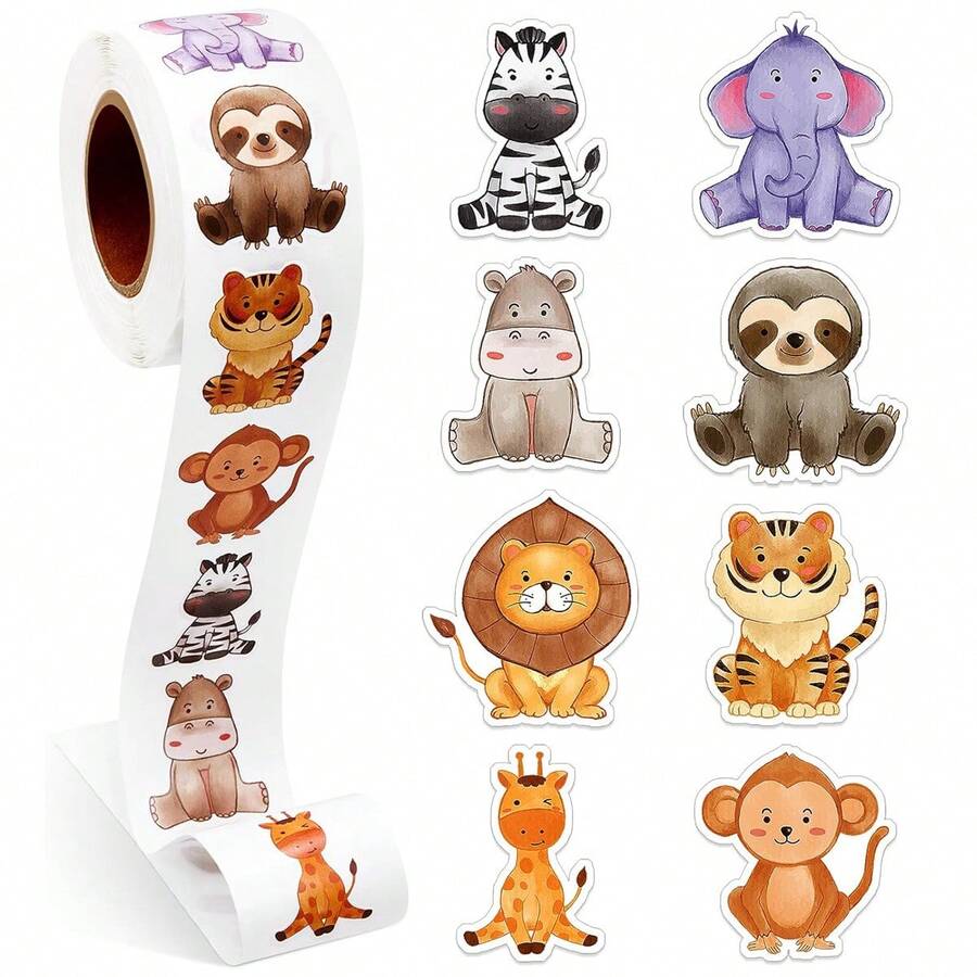 500pcs/Roll Animal Stickers Sitting Zebra Pattern Animal Elephant Hippo Sloth Lion Tiger Giraffe Monkey 1 Inch Stickers Stationery Pencil School Bag Skateboard Decoration Stickers Teacher Training Doodle Label Stickers Cake Baking Envelope Gift Box Seal Stickers For Crafts Scrapbook Materials Notebook Scrapbook Envelope Decoration Sealing Stickers - Multicolor - View 1
