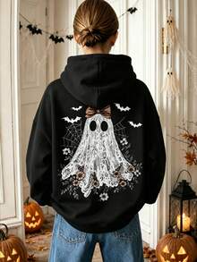 [Halloween] 1 Peça Moletom com Forro de Fleece Grosso e Quente com Estampa de Fantasma & Abóbora para Meninas Adolescentes, Roupa Infantil Estudantil, Adequado para Menina Pré-Adolescente Outono/Inverno Manga Longa - Preto - Visão 2