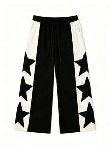 Black & White Colorblock Five-Point Star Wide Leg Sweatpants With Side Vertical Stripe Star Print Elastic Waist Straight Leg Casual Long Pants - Black - View 4