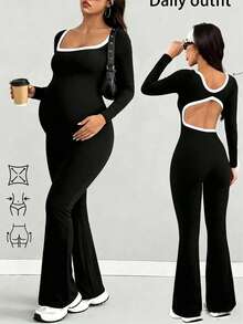 Parara Maternity Jumpsuit, Black Long Sleeve Square Neck Slim Fit Long Length Maternity Jumpsuit, Suitable For Autumn Wear. - Black - View 10
