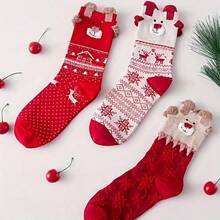 1/3/6/12 Pairs Women's Red Mid-Calf Socks, Printed With Santa Claus, Snowman And Reindeer Patterns, Suitable For Matching Christmas Outfits - Multicolor - View 8