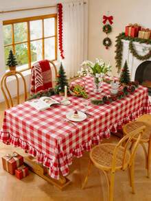 1pc Vintage Red & White Plaid Ruffle Edge Christmas Tablecloth, Cabinet/Coffee Table/TV Dust Cover, Suitable For Holiday Celebrations, Home Dining, Themed Parties, Photography Backdrop, Daily Decoration - Red - View 3