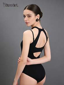 DonsGirl 1pc Halter Ballet Leotard, Illusion Two Pieces Design, Y-Back Hollow Out Backless Jumpsuit, Suitable For Dance Performance And Gymnastics Training - Black - View 9