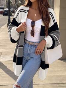 Women's Striped Oversized Cardigan Long Sleeve Thigh Length Sweater With Cardigan Collar For Fall & Winter - Multicolor - View 3