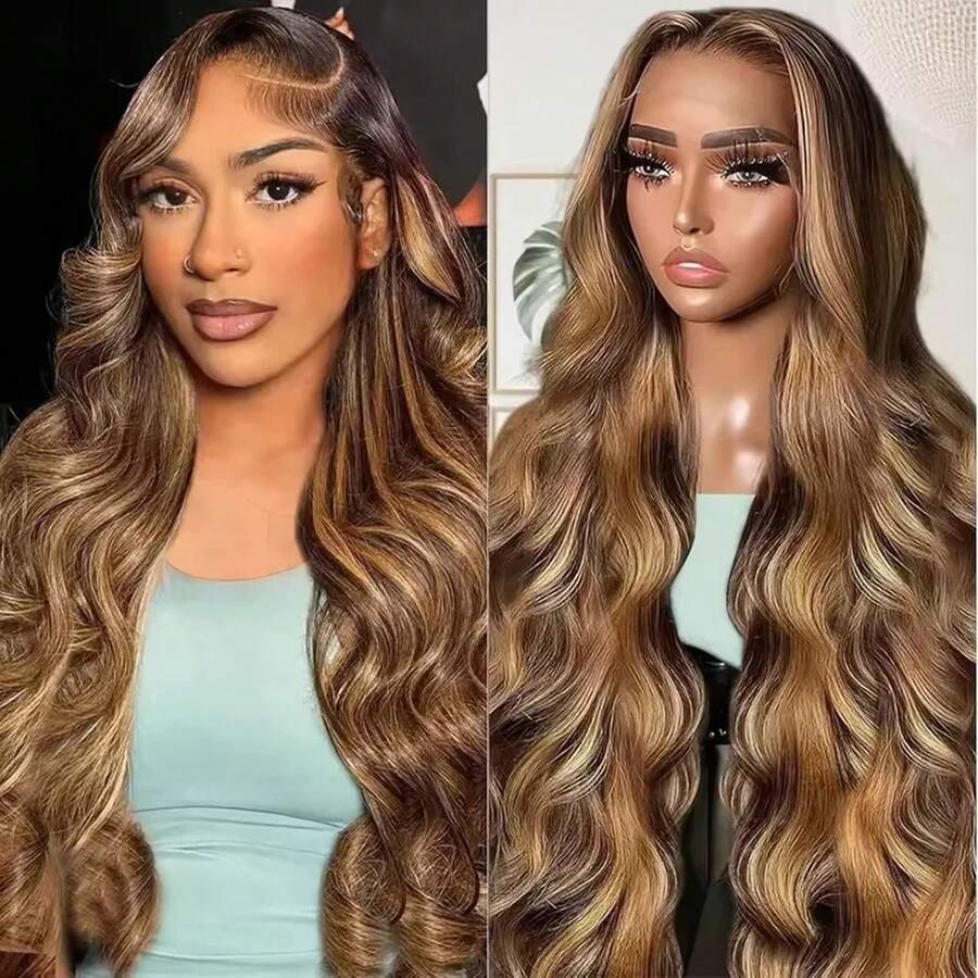 Peluca de Cabello Humano Virgen Ondulada: Frontal de Encaje HD Transparente 13x6, 200% Densidad, Rubio Miel con Reflejos Ombré, Pre-depilada con Baby Hair - destacado427 - Ver 1