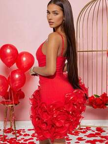 Fashion Sexy Women's Spaghetti Strap Sleeveless V-Neck 3D Asymmetric Ruffle Short Dress, Suitable For Cocktail Party, Rave Party And Other Occasions - Red - View 3