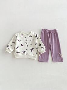 Miniweenns 2pcs/Set Baby Girl Spring/Autumn Outdoor Casual Bowknot Print Long Sleeve Loose Sweatshirt Set Back To School - Multicolor - View 13