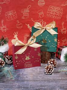 5pcs Merry Christmas Gift Bags With Satin Ribbon Bows, Gold Foil Bells Snowflakes Stars And Reindeer Print, Assorted Color Mini Packaging For Jewelry, Small Presents, Xmas Party Favors, Stocking Fillers And Holiday Gift Exchange - 11.5X4.5X10cm - View 7
