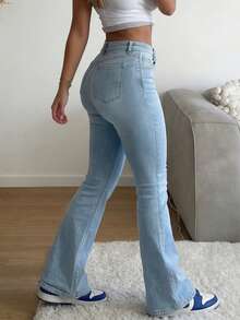 MYOURSA 高腰彈性水洗喇叭牛仔褲，Y2K街頭風優雅休閒穿搭，淺藍色春夏秋冬款 - 淺色水洗藍 - 查看 5