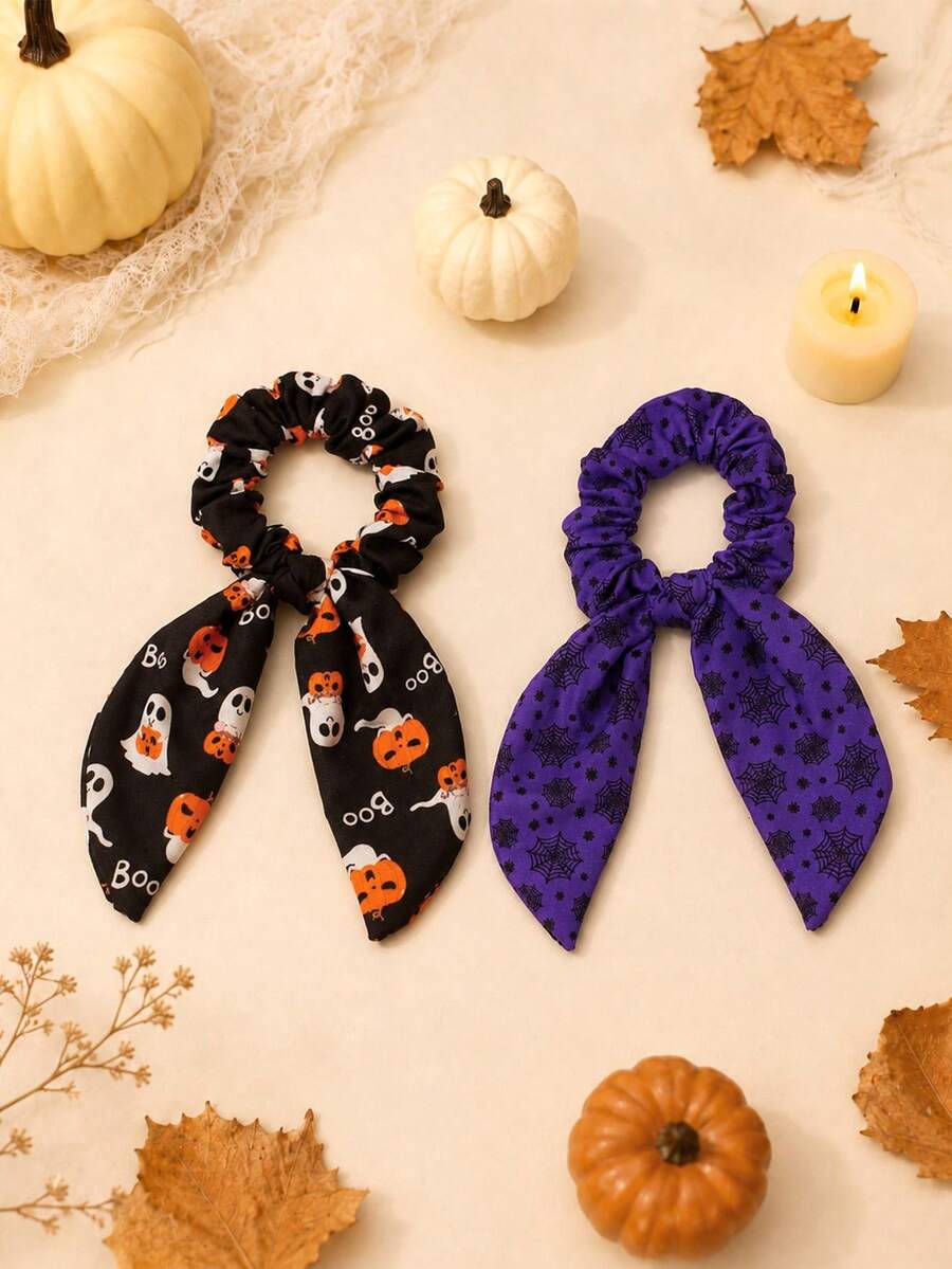 2pcs Halloween Pumpkin Ghost Spider Web Print Bow Hair Ties, Girls Elastic Hairbands, Party & Daily Hair Accessories - Multicolor - View 1