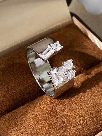 1pc Minimalist Versatile Personalized Micro-Inlaid Cubic Zirconia Open Ring, Elegant Elegant Finger Ring Suitable For Women's Daily Wear