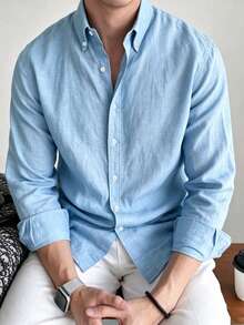 Mercer Haus Men's Pure Cotton Long Sleeve Shirt, Casual Business Solid Color Commuter Shirt - Blue - View 3