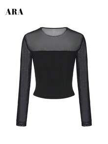 ARA CHIC Women Black Mesh Spliced Round Neck Long Sleeve Top Sheer Mesh Ribbed Knit Slim Fit Cropped Sexy Going Out Blouse Fall - Black - View 9