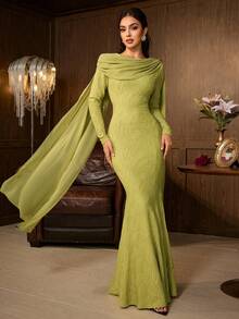 Elegant Women's Long Sleeve Round Neck Mermaid Dress, Asymmetric Ruffle Hem, Green Woven Fabric, Showcasing Charming Style - Olive Green - View 8