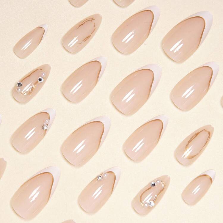 12pcs Elegant White French Gold Line 3D Pearl Rhinestone Decor Almond Shape Press-On Nails - Multicolor - View 4