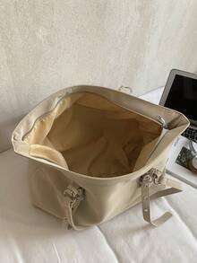 Large Capacity Tote Bag, Retro Style Faux Leather Handbag With Front Pocket For Work & Travel - Beige - View 7