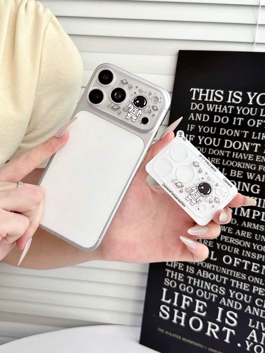 1pc Full Print Cute Astronaut & Planet Anti-Fingerprint 9H Hardness Camera Lens Protector Film, Compatible With IPhone 18 Pro Max/18 Pro/17 Pro Max/17 Pro, Anti-Drop Anti-Explosion Bubble-Free Auto-Adsorption Easy Installation Scratch-Resistant Protective Film Accessory, Suitable For Phone Cases