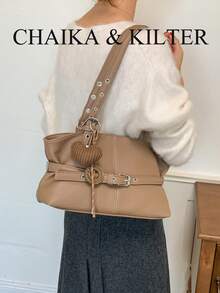CHAIKA & KILTER 1pc Solid Color PU Fabric Tote Bag, Women's Vintage Fashion Shoulder Tote Bag, Dual Handle Design, Zipper Closure, Strap Decoration, Suitable For Daily And Outing Use (Sold With Pendant) - Khaki - View 7