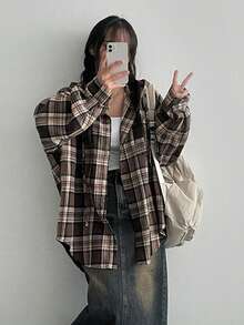 Women's Spring/Autumn Casual Daily Office Commute College Style Printed Drop Shoulder Loose Long Sleeve Shirt - Brown - View 5