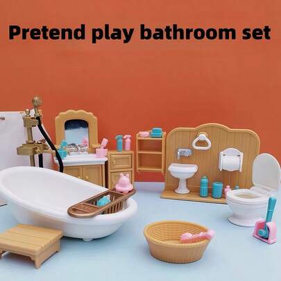 Miniature Bathroom Furniture Set, Dollhouse Bathroom Scene Decor, Bathtub Toilet Sink Vanity Cabinet Shower Curtain Mini Model, Diorama Landscape Ornament Collection Display Decor