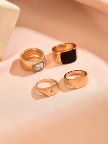4pcs/Set Drip Oil Versatile Rhinestone Inlaid Shiny Minimalist Stackable Rings For Women - Golden Yellow a - View 3