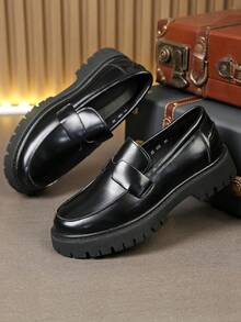 Men's Minimalist Thick Sole Slip-On Loafers, Comfortable Business Casual Daily Wear Shoes - Black - View 5