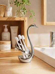 1pc Luxury Swan Design Toothbrush Holder, Stainless Steel Desktop Storage Rack, Suitable For Home Bathroom Vanity And Multiple Scenes, Sturdy Placement For Toothbrush And Toothpaste, Exquisite Artistic Craftsmanship Decor, Minimalist Silver Appearance, Space-Saving, Bathroom Desktop Decoration And Storage 2-In-1 Practical Item - Multicolor - View 3