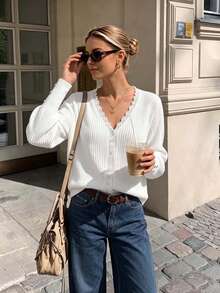 Elegant Women's Cream V-Neck Sweater With Lace Trim, Long Sleeve Regular Pullover With Button Accents, Subtle Stretch Fabric For Fall Outfits White - White - View 5
