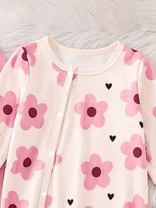 2pcs Baju Terusan Bayi Baru Lahir Musim Semi/Panas Motif Bunga & Hati Lengan Panjang, Bodysuit Rajut Kancing Jepret, Warna Pink & Aprikot Elastis untuk Pakaian Rumah/Luar Ruangan, Pakaian Dasar Sehari-hari Bayi Perempuan Musim Gugur - MultiWarna - View 6