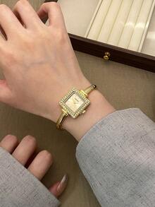 1件女款橢圓形銀黑方框金色錶盤石英休閒手錶，適合日常佩戴 - 金色 - 查看 4