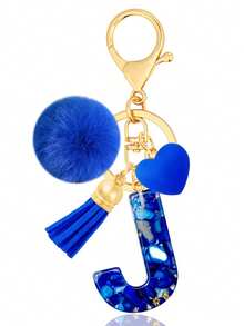 Cute A-Z Initial Keychain With Royal Blue Pom Pom, Heart And Tassel, Minimalist Personalized Key Chain For Women, Bag Charm, Daily Wear Accessory And Gift - Royal Blue - View 8