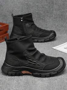 GAISIMA Sepatu Bot Kerja Pria dengan Motif Patchwork Timbul, Resleting Samping, Sol Tebal, Gaya Retro Taktis, Sepatu Bot Setinggi Mata Kaki, Cocok untuk Mendaki Gunung, Aktivitas Luar Ruangan, Pakaian Musim Gugur/Dingin - Hitam - View 4