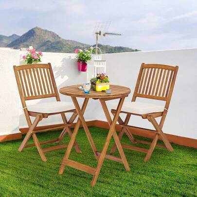 Juego de 2 mesas y sillas para bistró para Exteriores, Juego de bistró Plegable con cojín Acolchado y Mesa Redonda para Patio Interior, Piscina, jardín, Patio y bistró, Madera de Acacia