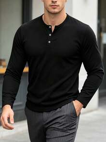 Men's Outdoor Long Sleeve Henley Shirt, Solid Color Button Placket Crew Neck Breathable Lightweight Casual Hiking Climbing Top - Black - View 4