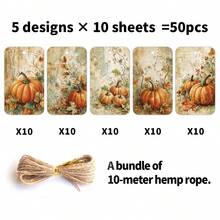 50pcs Thanksgiving Day Fall Gift Tags With Hemp Rope, Vintage Autumn Pumpkin Paper Gift Tags, Holiday Harvest Hanging Labels For Gift Wraapping, Candy Bag & Party Favor Decorations - Multicolor - View 9