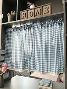 1 buah Tirai Pendek Gingham Elegan, Rok Meja, Dekorasi Trim Renda Unik, Tirai Jendela Gaya Kafe, Cocok Untuk Jendela Lemari, Dapur, dan Kamar Mandi - Blue and White - View 2