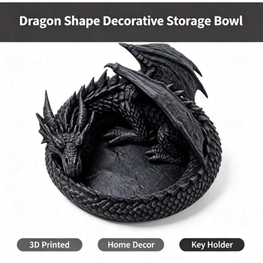 3D Printed Dragon Figurine Storage - Gothic Dark Fantasy - Dragon Statue - Key & Coin Holder - Unique Desktop Decor - Decorative Ornament - Gothic Style - Dragon Lover - Vintage Black Dragon - Realistic Texture