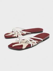 Sandal Jepit Wanita Model Vintage Warna Burgundy dengan Motif Bunga dan Ujung Persegi, Sandal Jepit Putih Tipis dengan Simpul Tali untuk Liburan - Putih - View 5