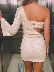 Women's Champagne Sequin One-Shoulder Long Sleeve Cutout Waist Ruched Bodycon Mini Dress For Cocktail Wedding Banquet - Champagne - View 2