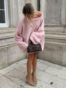 Soft Style Women's Pink Knitted Long Sleeve Regular Length Slightly Elastic Sweater, Ideal Choice For Creating Fashionable Autumn, Winter And Spring Outfits. - Pink - View 6