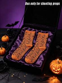 1 Pair Women's Halloween Mid-Calf Socks, Full Coverage Cute Pumpkin Print, Thick Warm Winter Socks, Ideal Choice For Halloween Party Outfit - Multicolor - View 3